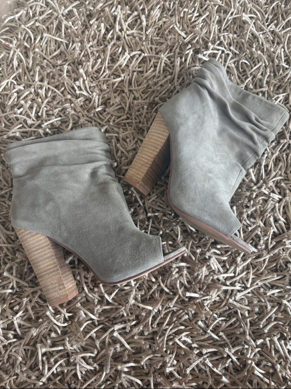 Chinese Laundry Kristin Cavallari Light Gray Suede Open-Toe Booties block heel